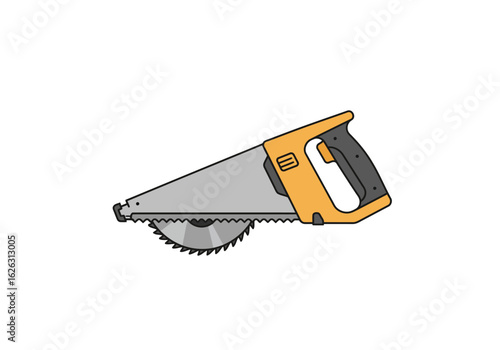 A hand saw with a yellow handle  gray blade sits on a white backdrop showcasing tools