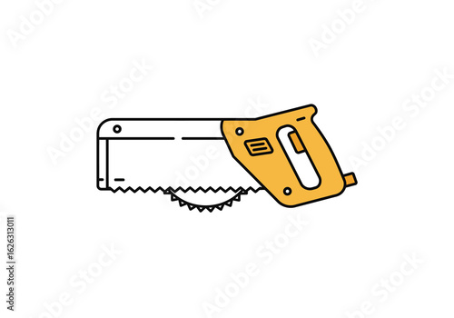 A yellowhandled hacksaw poised for a woodcutting project