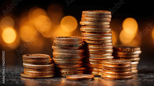 Stacked coins glowing warmly with soft bokeh effect evoke feelings of financial success and growth