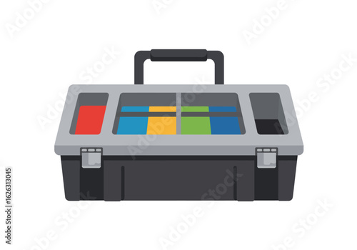 Colorful tools in a gray toolbox with handle ready for a project