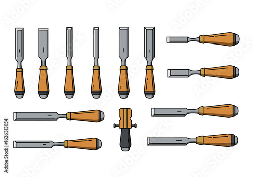 Woodworkers tool kit Chisels of different lengths  head types