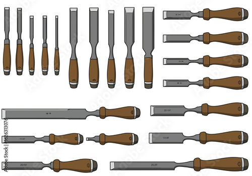Wood chisels arrayed and angled in a clear display