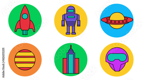 Retro sci fi icons featuring rocket robot spaceship planet building and helmet
