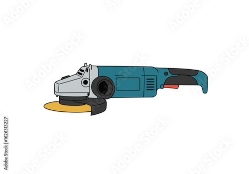A teal and gray angle grinder rests with its yellow disc against a stark white background