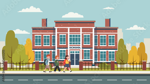 Schoolchildren go to school against the background of a large school building. Vector illustration of a school building and schoolchildren with backpacks. Back to school.