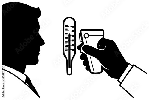 Thermometer standing alone with thermometer hanging on the wall placed on a table held in someones hand surrounded by medical equipment lying on a bed attached to a machine being read by a doctor 