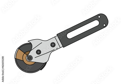 Rotary can openers closeup Gray metal arm sharp wheel black handle and elongated hole detail