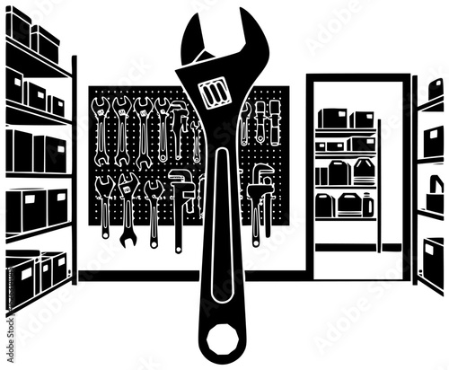 Wrench equipment in a garage with other tools and a hammer