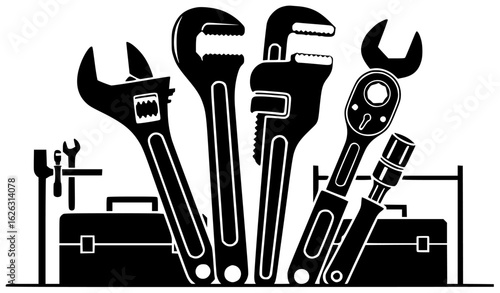 Wrench equipment in a garage with other tools and a hammer