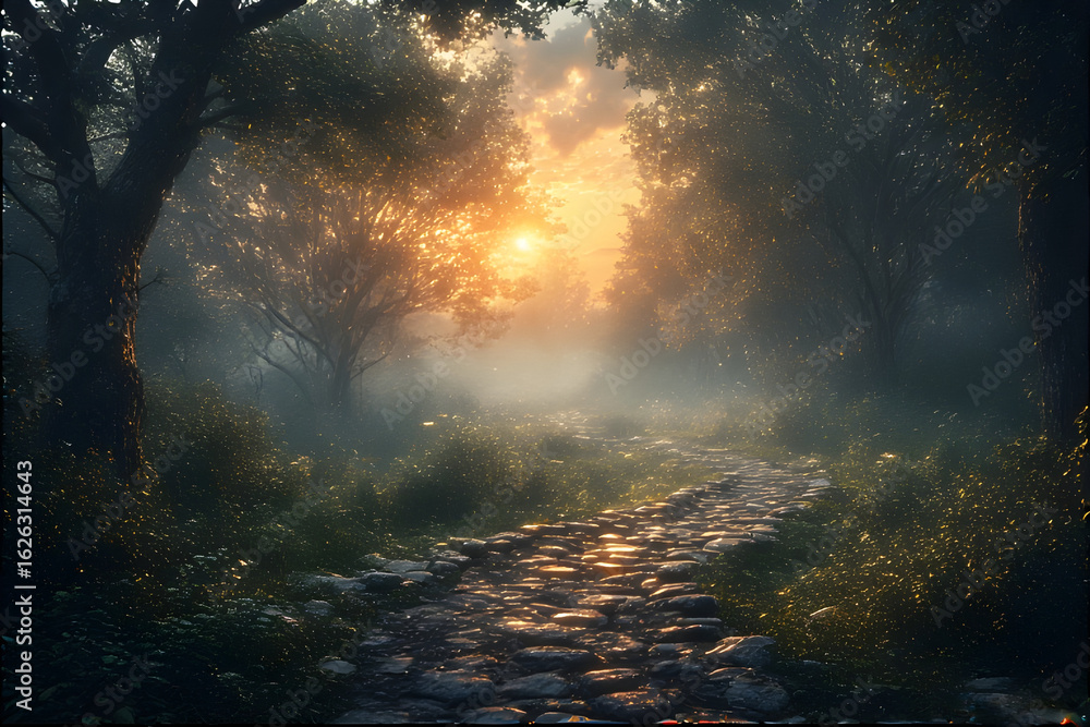 Naklejka premium Winding stone trail through Misty Forest at Sunrise