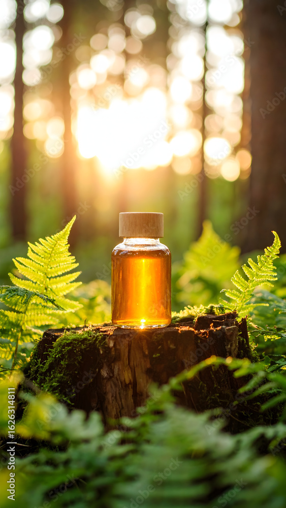 Golden Liquid in Glass Bottle with Wooden Lid on Stump. Golden Liquid in Glass Bottle with Wooden Lid on Stump.