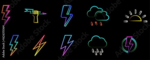 Lightning, electrical energy icon.neon style. Energy and thunder electricity symbol. Lightning sign in circle.