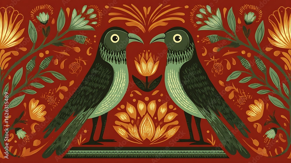 Naklejka premium Decorative Birds and Floral Elements on Red Background