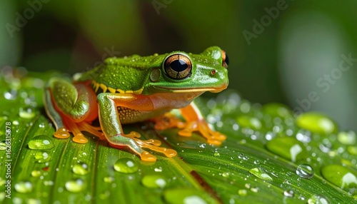 Glass frog perched on leaf with dew