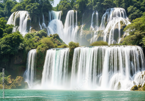 Powerful and beautiful waterfall landscape with crystal-clear turquoise water flowing into a serene pool.