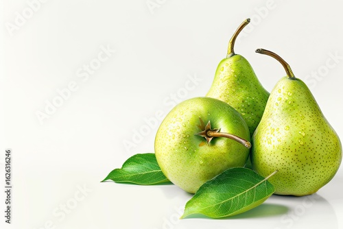 Flawless Image of Three Fresh Green Pears with Leaf Isolated on White Background