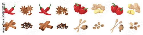 Assortment of Culinary Spices and Ingredients Chili Peppers, Star Anise, Cinnamon, and More