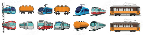 Cartoon Illustration of Various Train and Tanker Car Designs in Multiple Colors on White Background