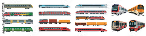 Diverse Collection of Train Art HighSpeed Trains, Subways, and Freight Trains Illustration