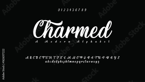 Charmed font alphabet. Minimal modern urban fonts for logo, brand etc. Typography typeface uppercase lowercase and number. vector illustration.
