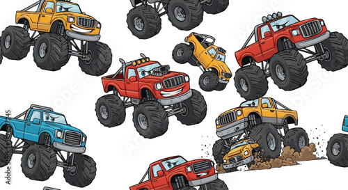 Create a kinds of deferent Monster trucks comic style vector seamless pattern. For apparel prints and other uses. vector art with white background.