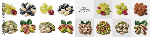 Illustration Featuring a Variety of Fruits, Nuts, and Seeds Grapes, Almonds, Beans, and Pistachios