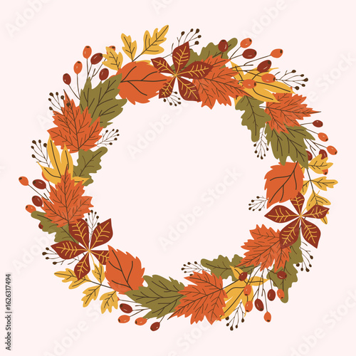 Autumn wreath made of fall leaves, branches, berries. Hand-drawn flat vector, warm orange, yellow and brown tones. Perfect for cards, invitations, posters, packaging, Thanksgiving, and seasonal decor.