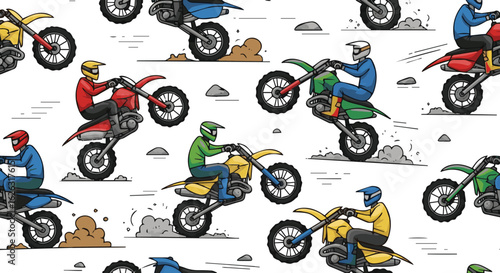 Create a kinds of deferent Vector motocross seamless pattern. Dirt bike cartoon repeat pattern. vector art with white background.
