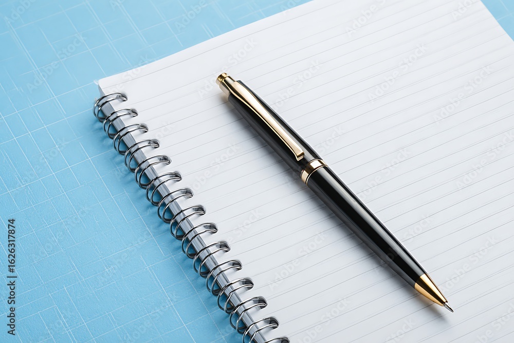 Black and Gold Pen on Spiral Notebook Paper Against Light Blue Background Texture Black and Gold Pen on Spiral Notebook Paper Against Light Blue Background Texture
