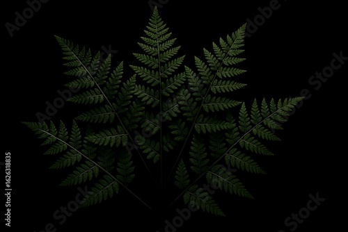 Fern leaves form a vibrant pattern on dark moody background