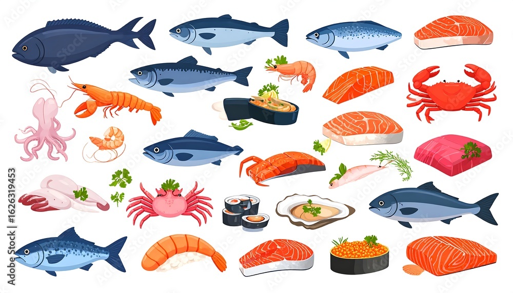 Naklejka premium Assorted seafood illustration featuring fish, crab, shrimp, sushi, and salmon on white