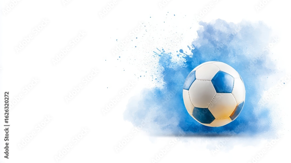 Naklejka premium Dynamic action shot soccer ball soaring through vibrant blue splash
