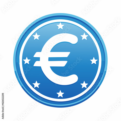 Euro, monnaie cerclé de bleu, avec des étoiles blanches, fond blanc