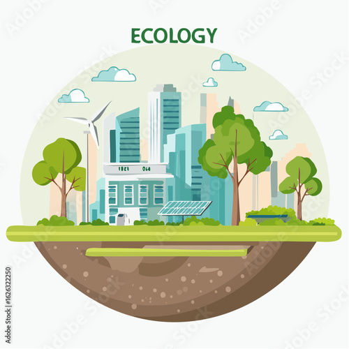 Illustration environnement, une ville , des arbres, la terre en dessous