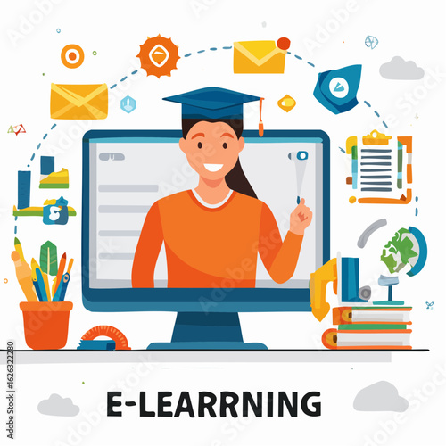 Illustration apprentissage, formation, e-learning, se former en ligne