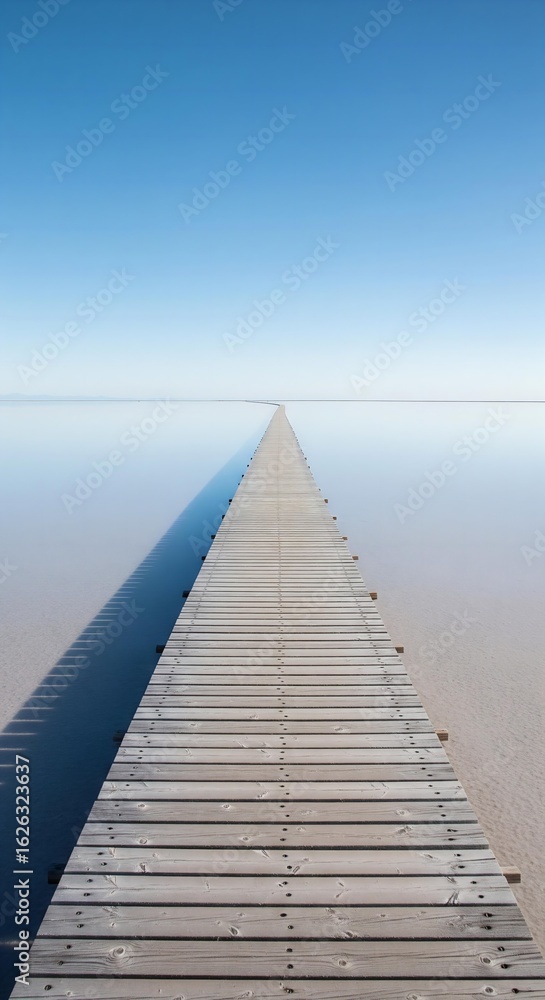 Fototapeta premium A beautiful and minimalist photorealistic image of a simple, wooden boardwalk leading across a vast, still, and reflective salt flat.