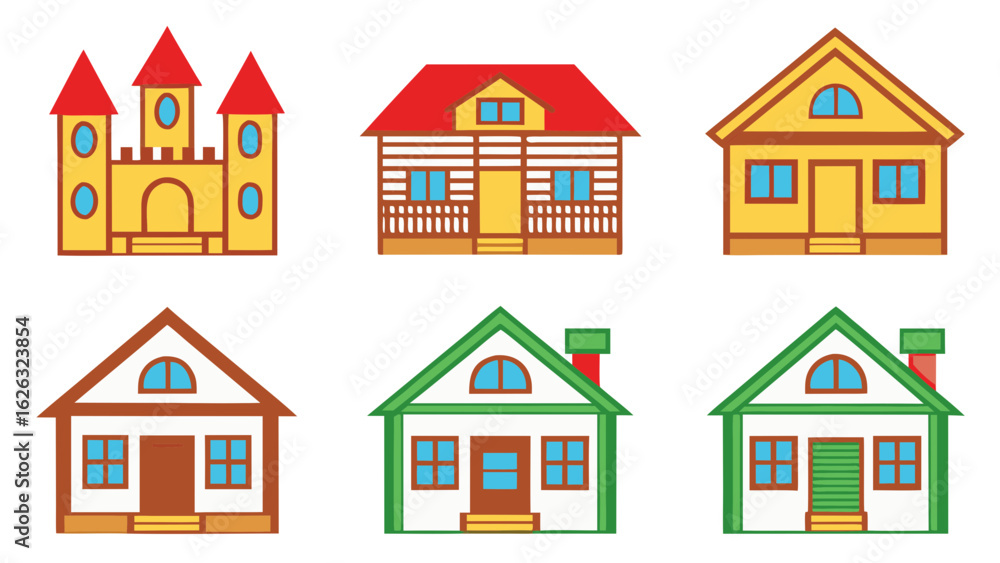 Collection of six colorful cartoon houses and a castle Collection of six colorful cartoon houses and a castle