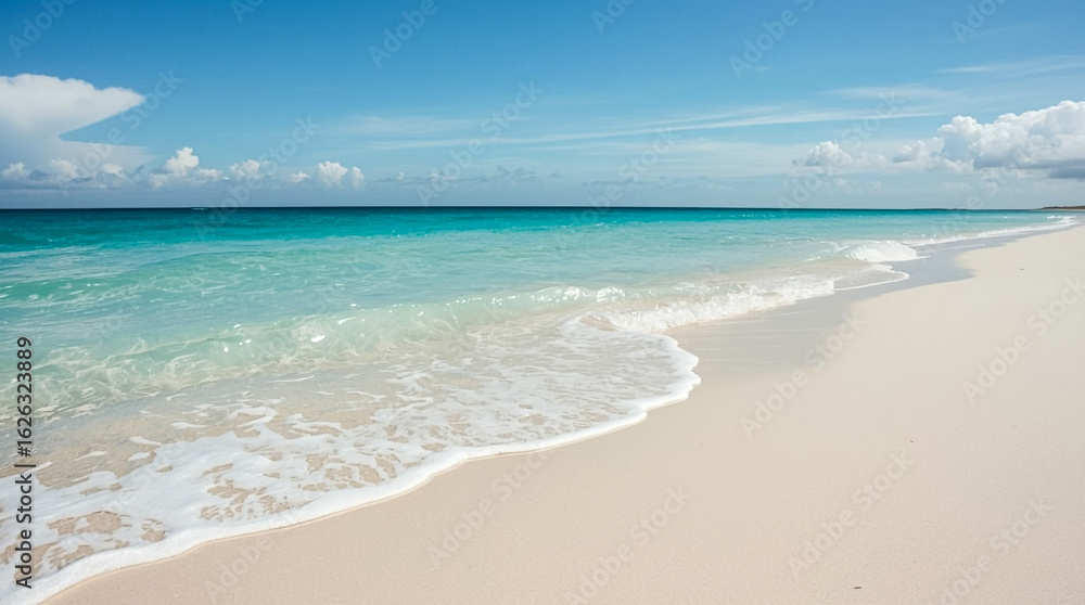 Fototapeta premium Serene tropical beach with crystal clear turquoise water and gentle waves washing ashore