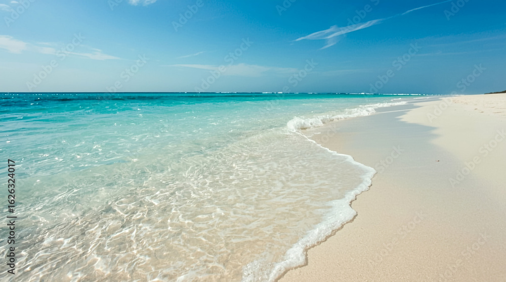 Crystal clear turquoise ocean waves gently wash ashore on a pristine white sandy beach under a blue sky Crystal clear turquoise ocean waves gently wash ashore on a pristine white sandy beach under a blue sky