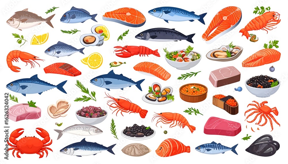 Naklejka premium Seafood Variety: Fresh Fish, Shrimp, Crab, and Caviar on White Background