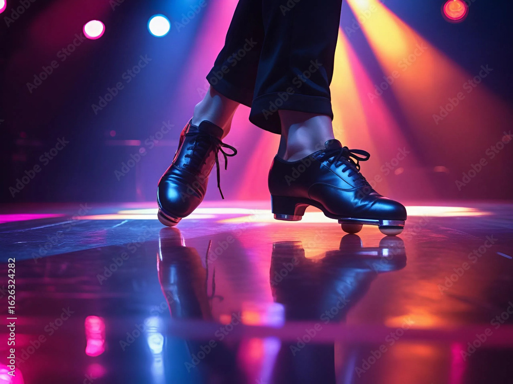 Fototapeta premium tap dancer's feet in shiny black shoes on a reflective floor in a colorful light show setting
