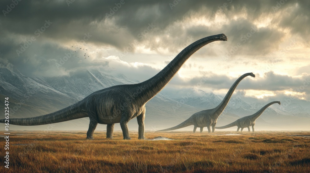 Fototapeta premium Giant dinosaurs in a prehistoric landscape