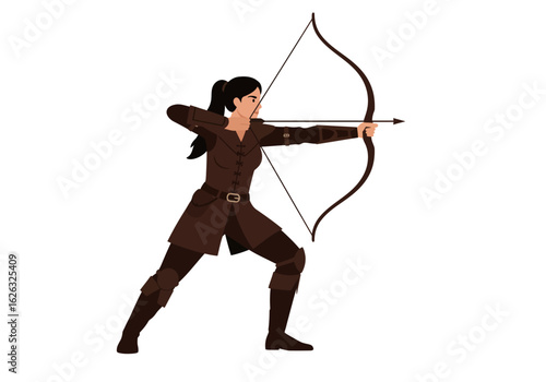 Archer aiming bow and arrow medieval brown outfit
