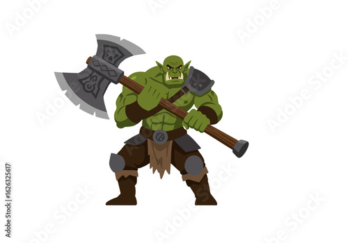 Fierce green orc warrior clutching a menacing doublebladed axe ready for battle