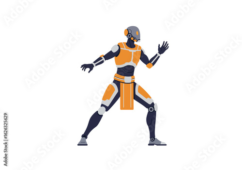 Futuristic Robot Warrior Orangeclad android strikes dynamic pose ready for action