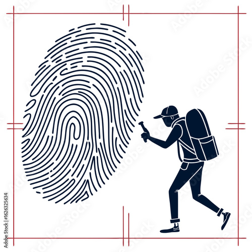 Criminal dusting for fingerprints with a flashlight and backpack