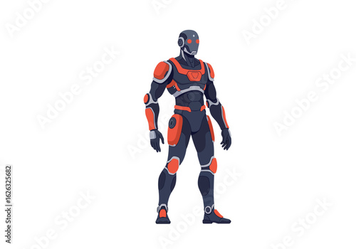 Robotic sentry in dark armor poised for action on stark background