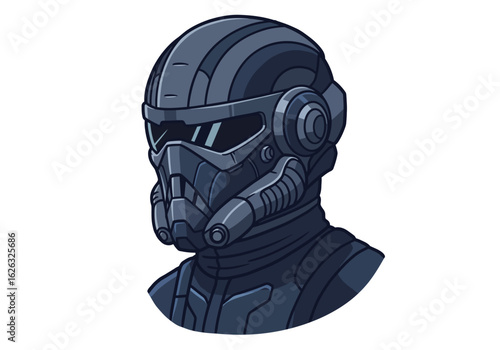 Futuristic figure in helmet w mask in dark blue gray suit