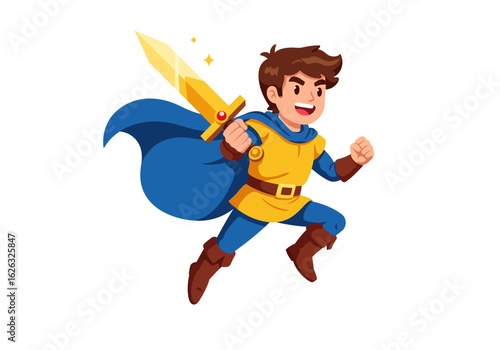Heroic cartoon warrior with golden sword rushes into adventure