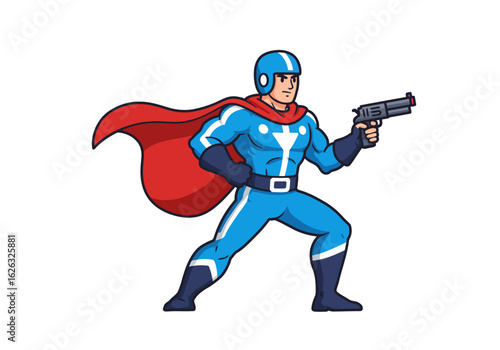 Retro superhero helmeted with pistol and red cape strikes a dynamic pose